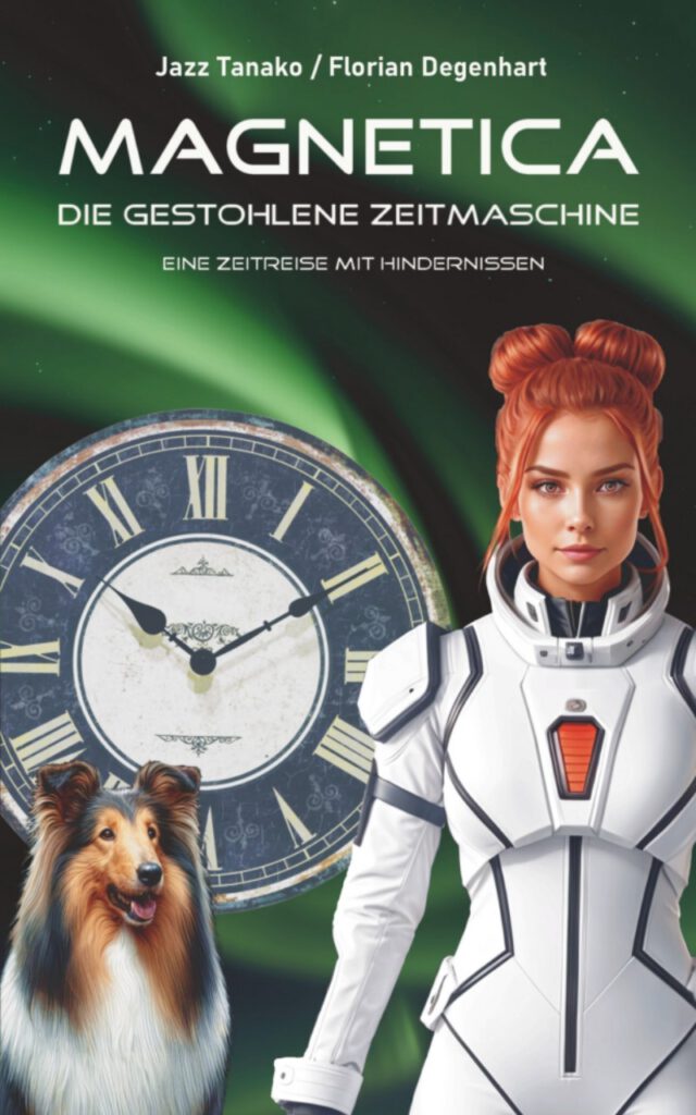 Das Cover des Science-Fiction-Romans "Magnetica - Die gestohlene Zeitmaschine von Jazz Tanako und Florian Degenhart. Zu sehen ist das große Ziffernblatt einer Uhr. Davor stehen eine junge Frau in einem futuristischen Raumanzug und ein langhaariger Hund der Rasse Collie.