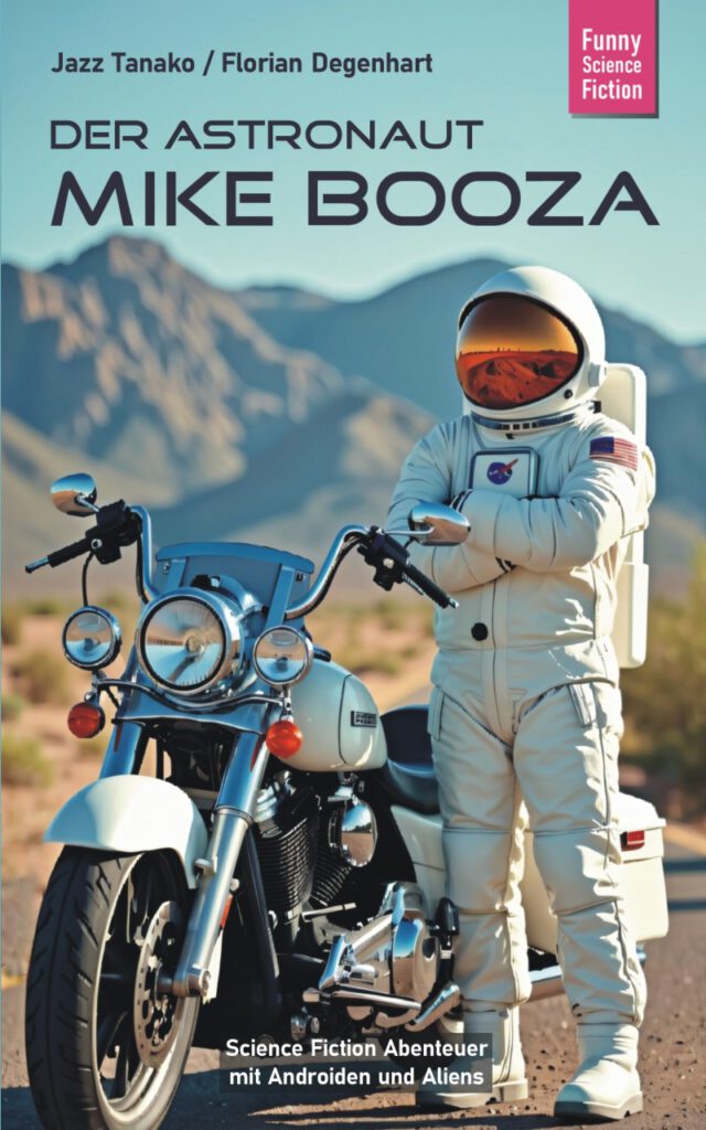 Das Cover des Science-Fiction-Buches "Der Astronaut Mike Booza“ von Jazz Tanako und Florian Degenhart. Zu sehen ist ein NASA-Astronaut im Raumanzug. Er steht mit verschränkten Armen neben einem Motorrad, das auf einer Straße in einer amerikanischen Wüstenlandschaft parkt.